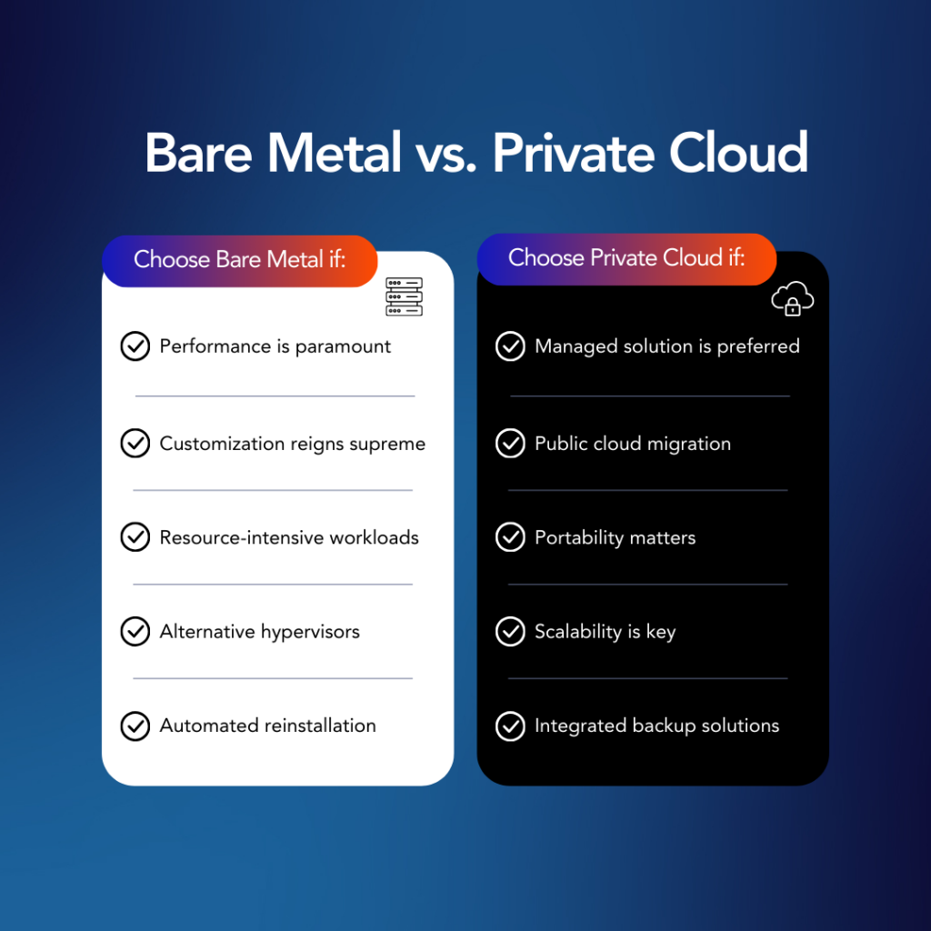 benefits of bare metal and private cloud comparison chart