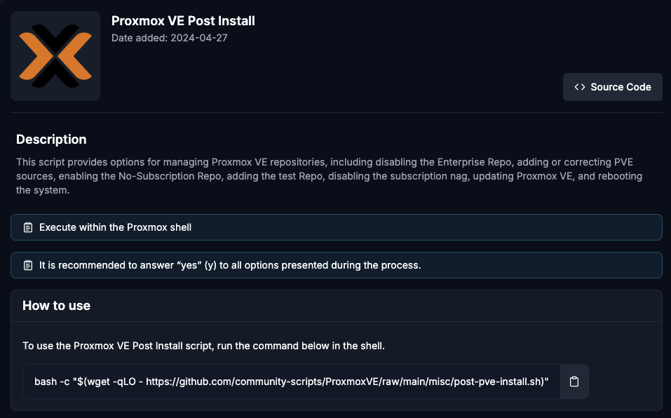 Proxmox VE Post Install script